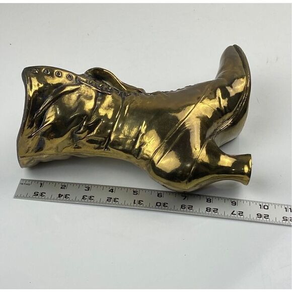 Vintage 9.5" Brass Lace Up Boot Ladies Shoe Planter Vase Doorstop Mid-Century EA - Picture 5 of 6